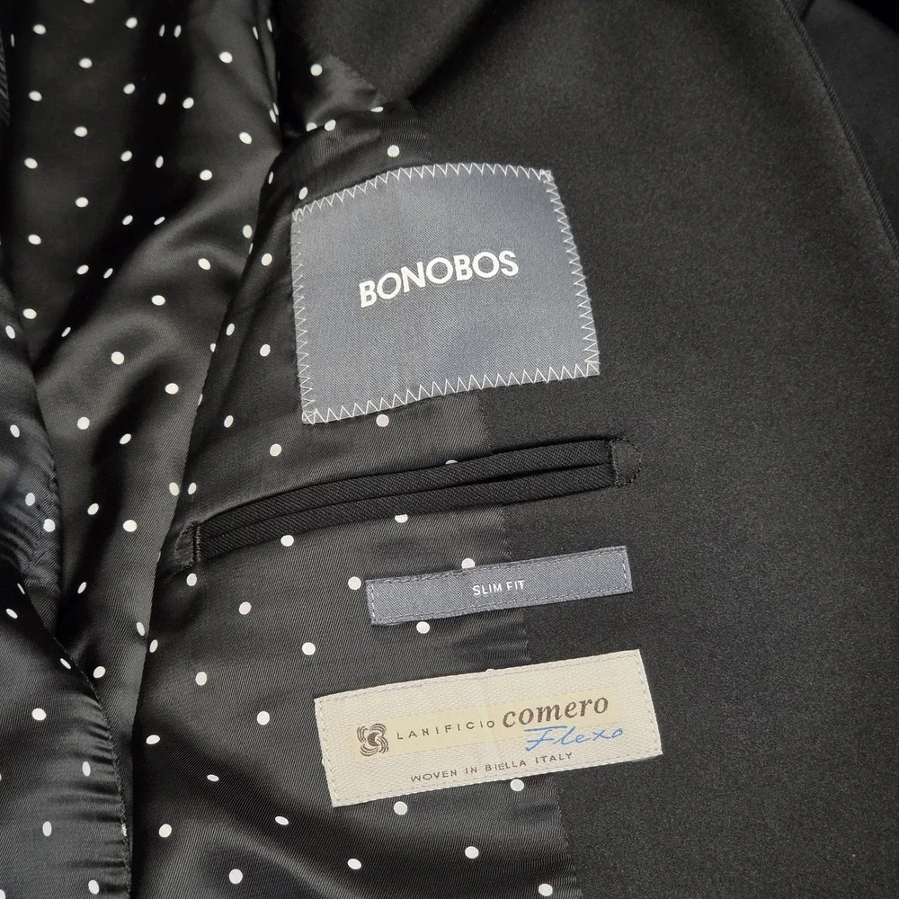 Bonobos Black Tuxedo Jacket 40R Slim Fit Lanificio Comero Wool Satin Lapel